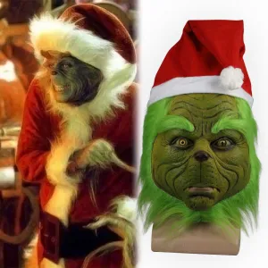 2018 Grinch Stole Christmas Mask Xmas Hat Long Hair Party Prop Mask