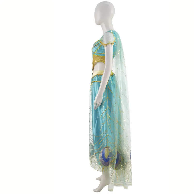 2019 Aladdin Jasmine Blue Dress Outfit Cospaly Costume Halloween Princess Dress