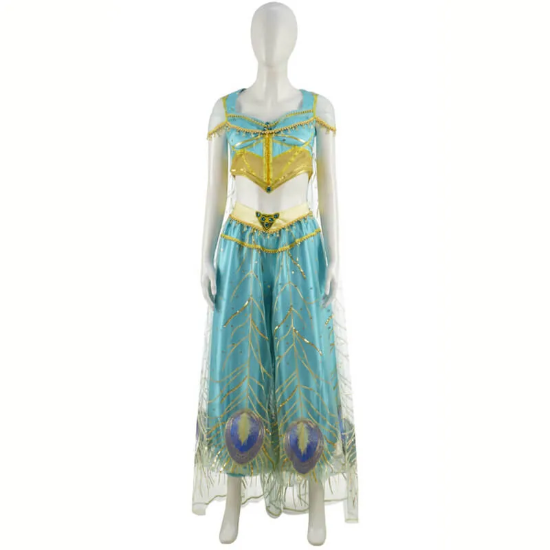 2019 Aladdin Jasmine Blue Dress Outfit Cospaly Costume Halloween Princess Dress