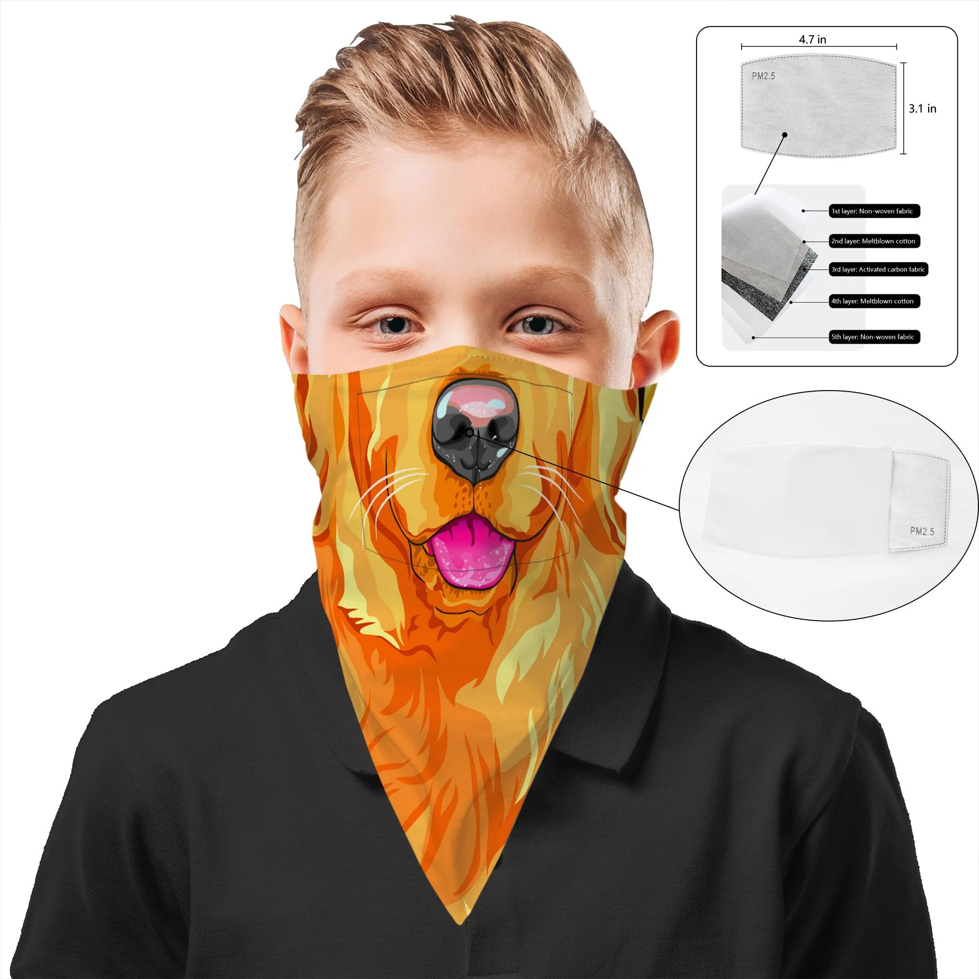 Children's Dog Bandana Face Mask Scarf Cover | 2x - 50x Disposable Five Layer Filter Pads Available