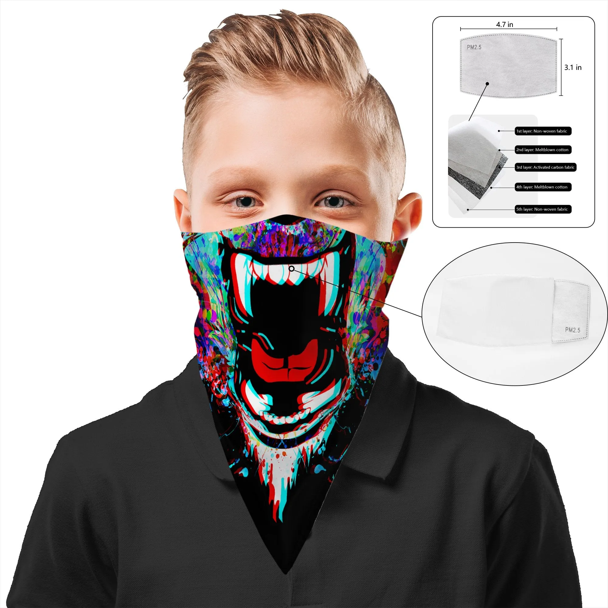 Children's Roaring Bear Bandana Face Mask Scarf Cover | 2x - 50x Disposable Five Layer Filter Pads Available