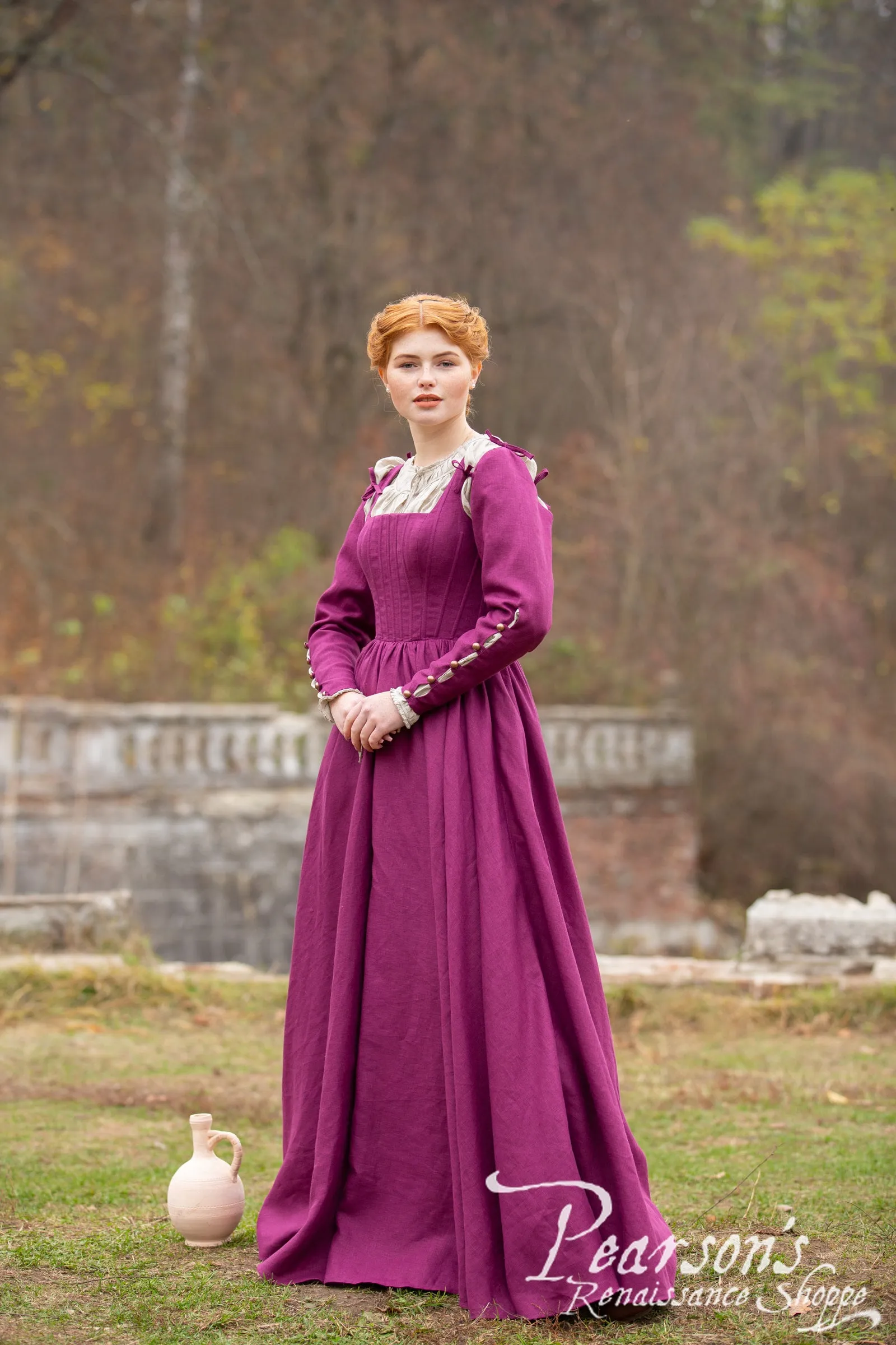 German Rose Linen Boned Medieval Dress