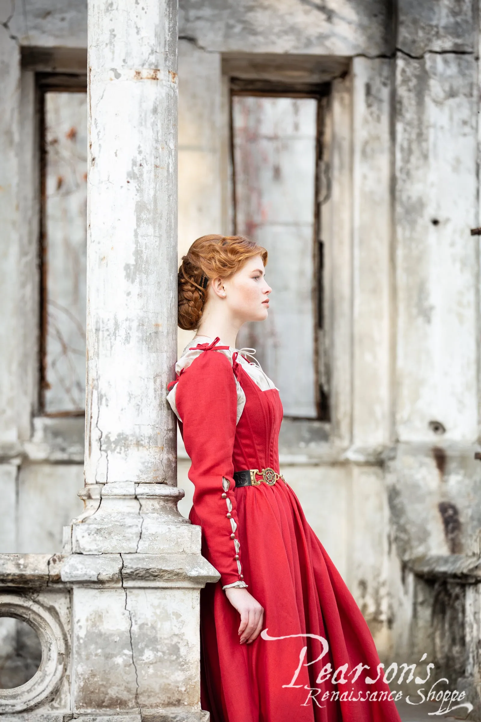 German Rose Linen Boned Medieval Dress