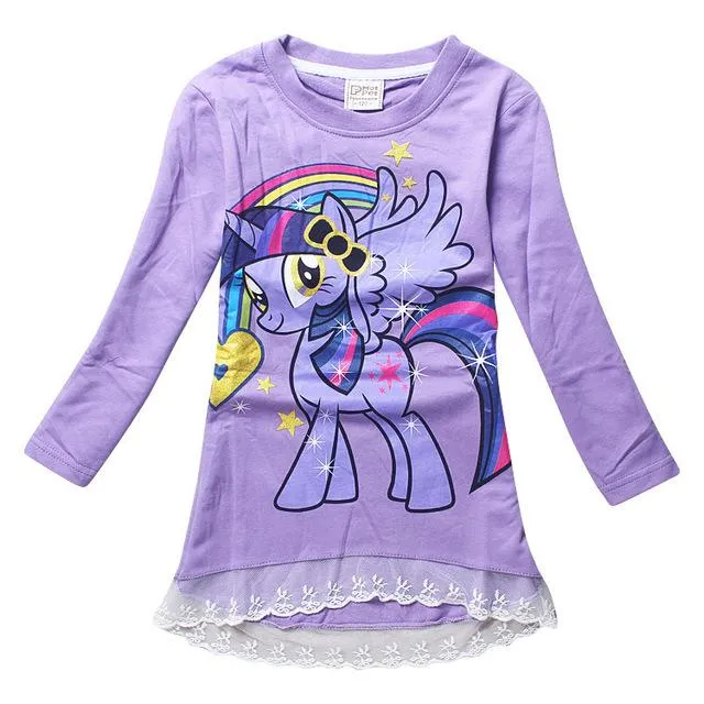 Girls Cute My Little Pony Lace Long-Sleeved Cotton T-shirt Cartoon Print Kids Clothing Ages from 2- 8yrs