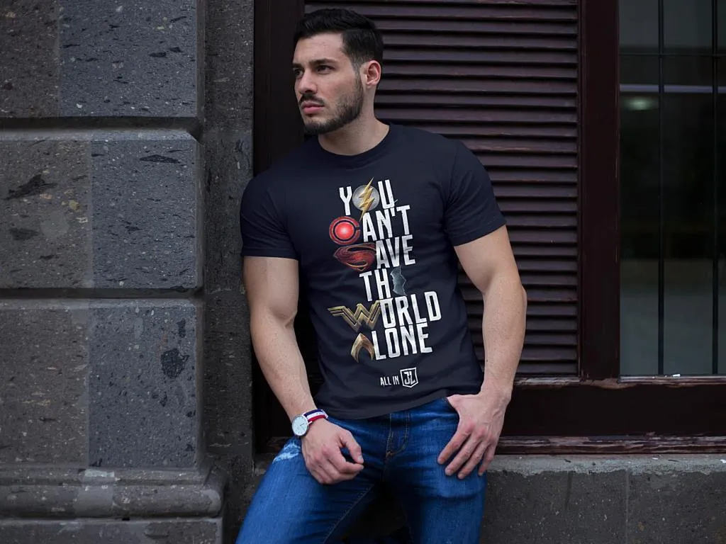 Justice League Movie Tee | You Can't Save the World Alone T-Shirt Symbol Edition - Black Unisex Tee