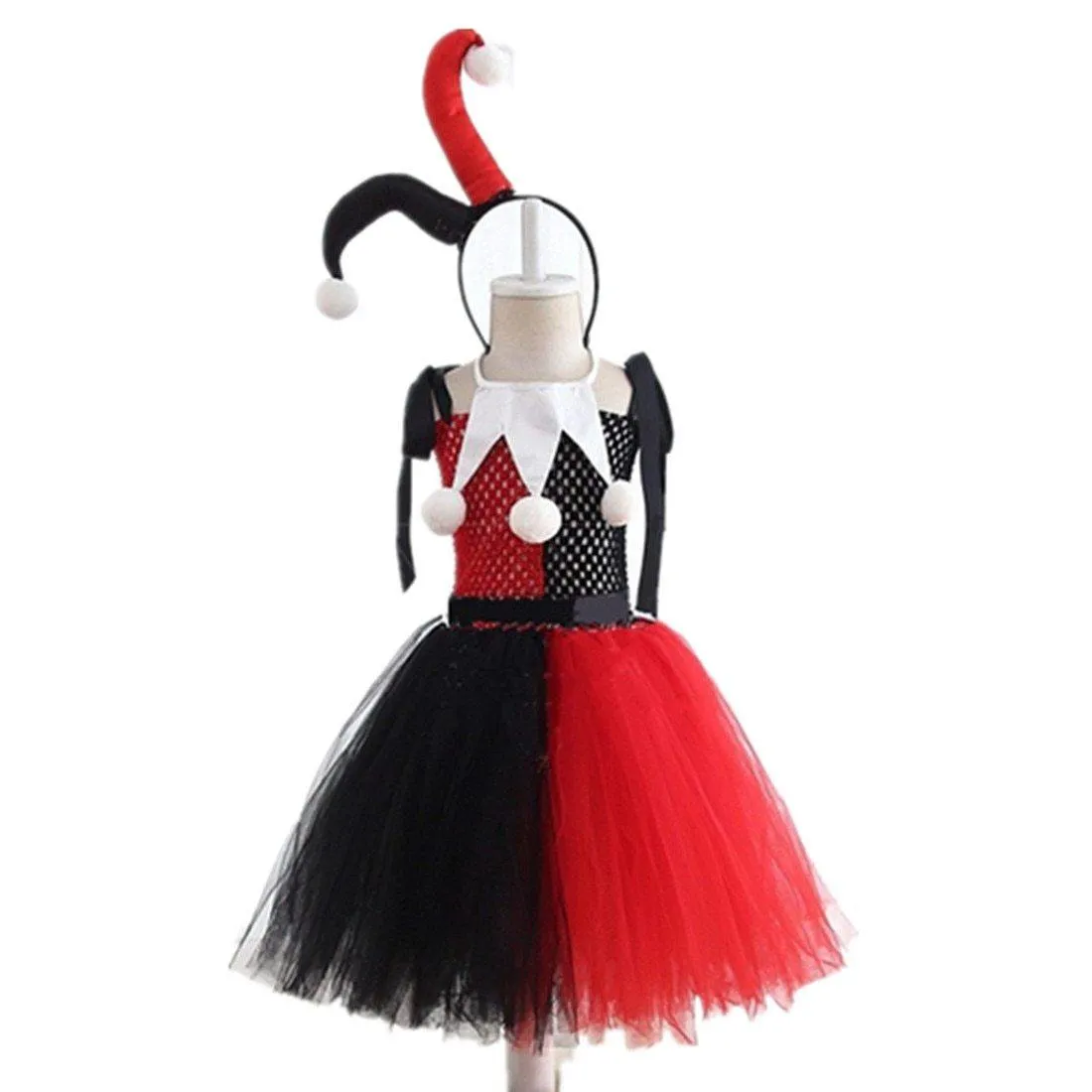 Kids Harley Quinn Jester Costume | Girls Children's Black Red & White Harley Jester Clown Cosplay Costume Dress
