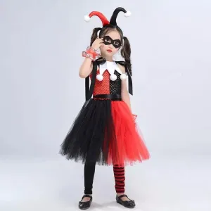 Kids Harley Quinn Jester Costume | Girls Children's Black Red & White Harley Jester Clown Cosplay Costume Dress
