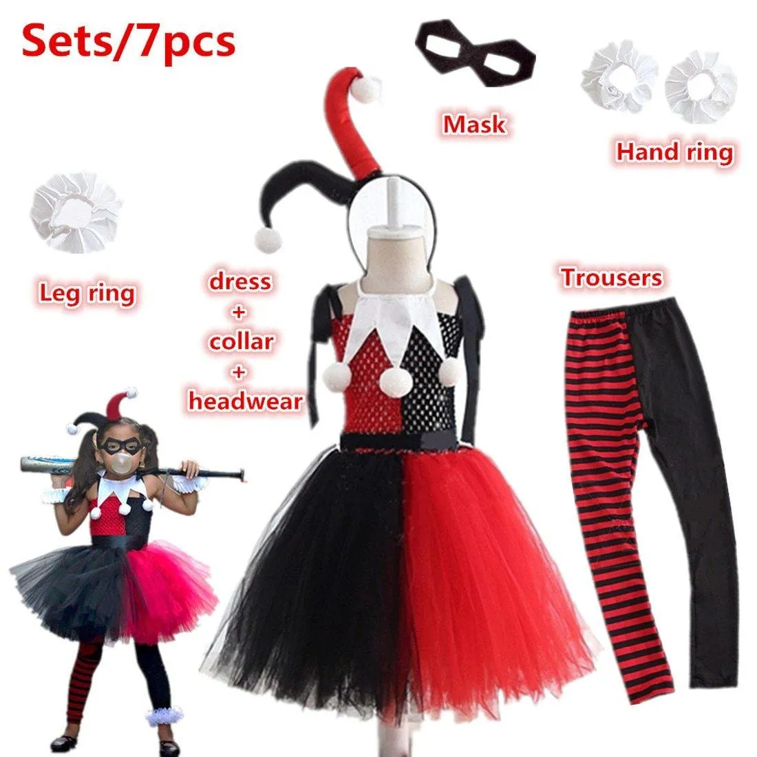 Kids Harley Quinn Jester Costume | Girls Children's Black Red & White Harley Jester Clown Cosplay Costume Dress
