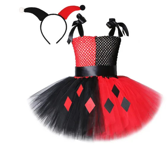 Kids Harley Quinn Jester Costume | Girls Children's Black Red & White Harley Jester Clown Cosplay Costume Dress