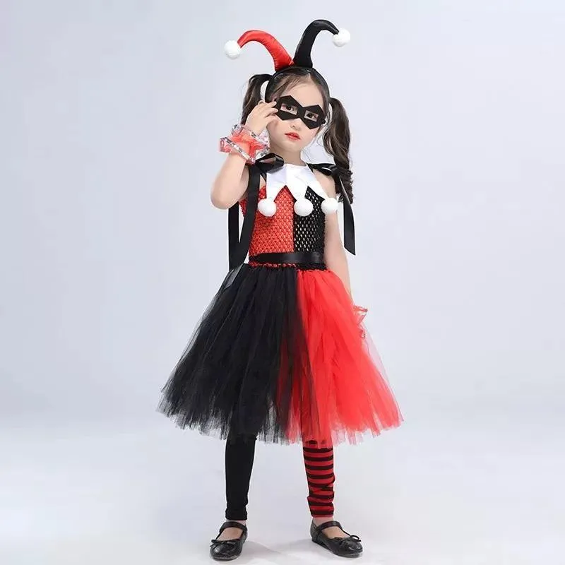 Kids Harley Quinn Jester Costume | Girls Children's Black Red & White Harley Jester Clown Cosplay Costume Dress