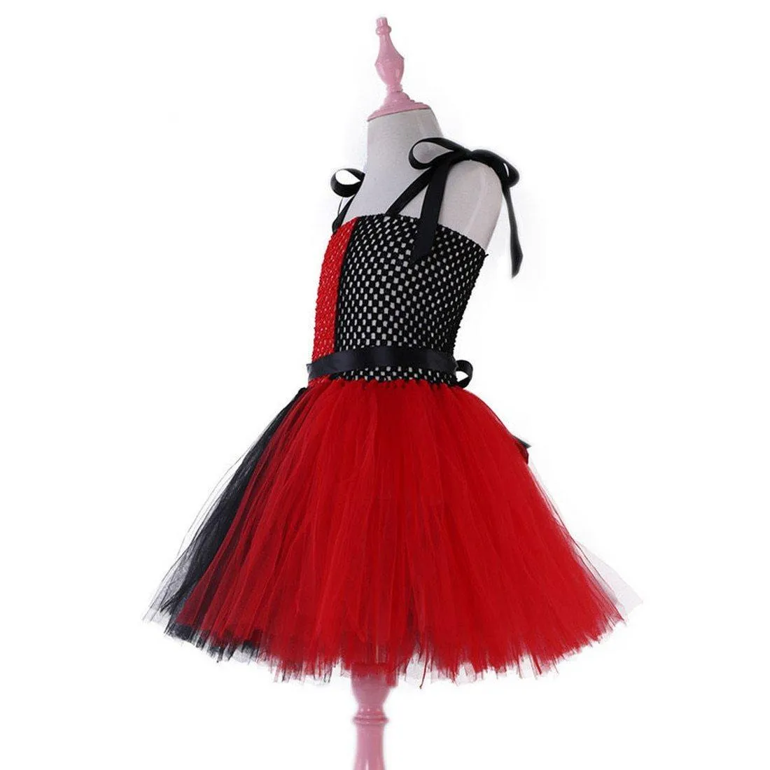 Kids Harley Quinn Jester Costume | Girls Children's Black Red & White Harley Jester Clown Cosplay Costume Dress