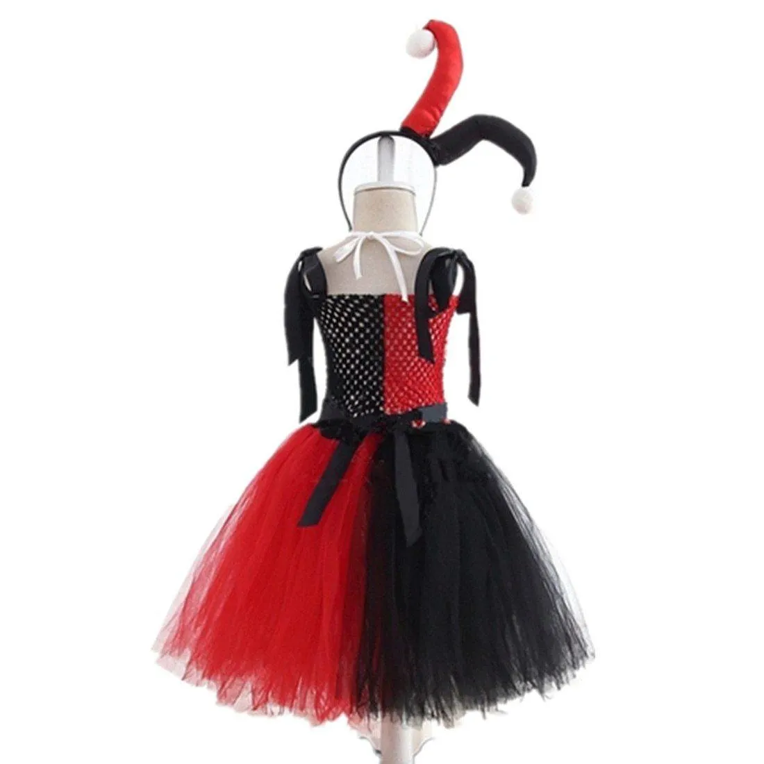 Kids Harley Quinn Jester Costume | Girls Children's Black Red & White Harley Jester Clown Cosplay Costume Dress