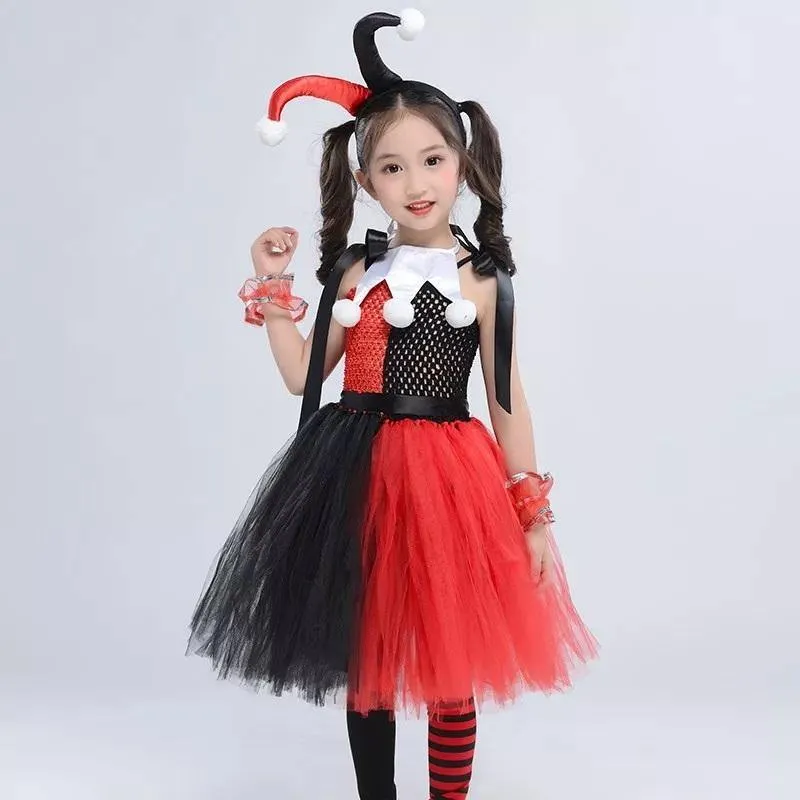 Kids Harley Quinn Jester Costume | Girls Children's Black Red & White Harley Jester Clown Cosplay Costume Dress