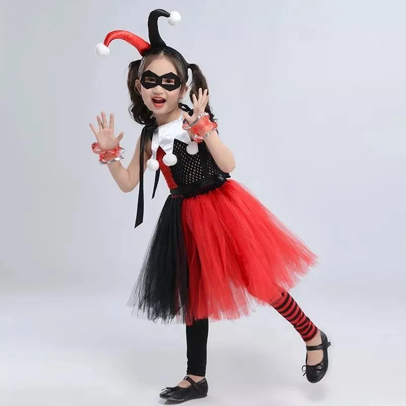 Kids Harley Quinn Jester Costume | Girls Children's Black Red & White Harley Jester Clown Cosplay Costume Dress