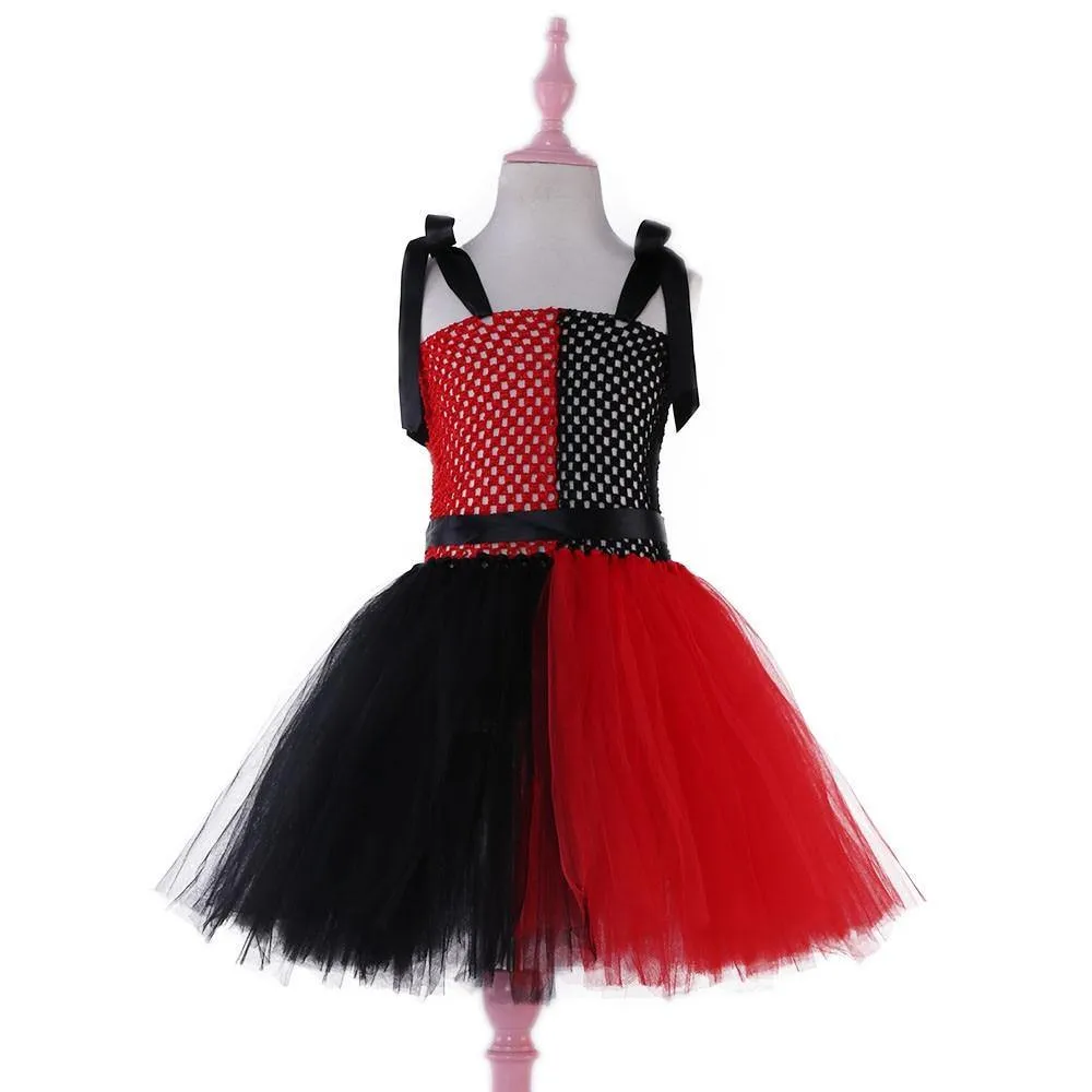 Kids Harley Quinn Jester Costume | Girls Children's Black Red & White Harley Jester Clown Cosplay Costume Dress