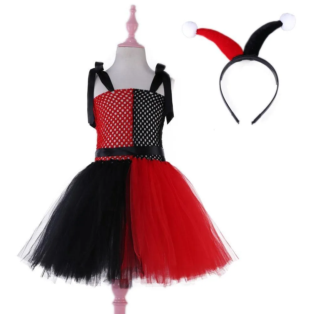 Kids Harley Quinn Jester Costume | Girls Children's Black Red & White Harley Jester Clown Cosplay Costume Dress