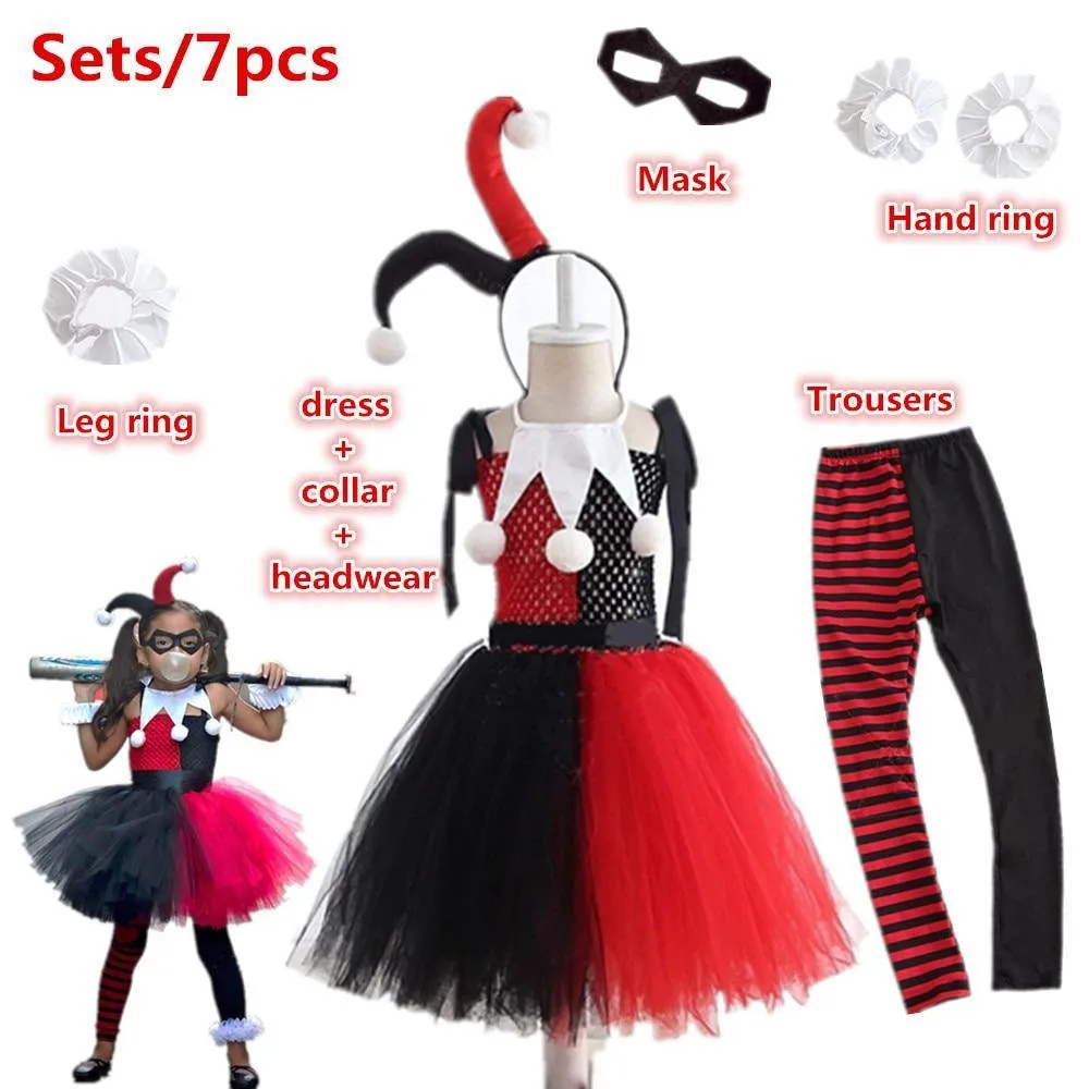 Kids Harley Quinn Jester Costume | Girls Children's Black Red & White Harley Jester Clown Cosplay Costume Dress