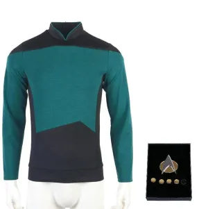 Star Trek TNG Cosplay Costume Blue Shirt Starfleet Operations Uniforms   Badge Set