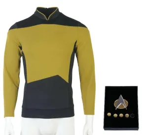 Star Trek TNG Cosplay Costume Gold Shirt Starfleet Operations Uniforms   Badge Set