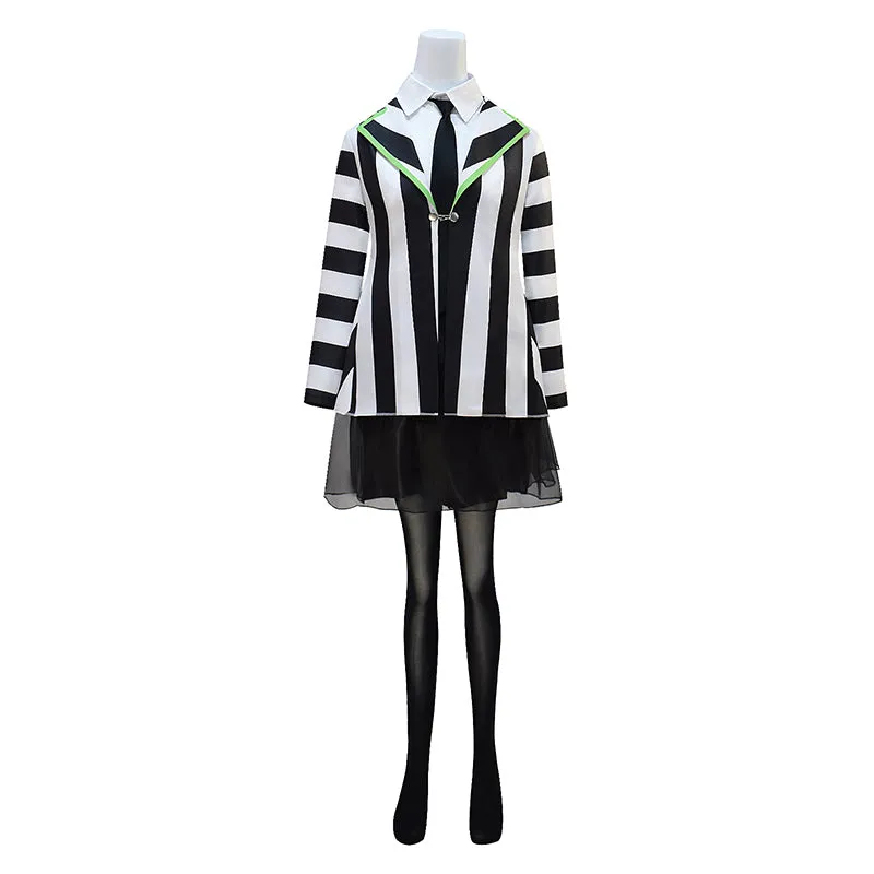 Women BeetleJuice Keaton Cosplay Dress Costume Black White Striped Suite Halloween ACcosplay