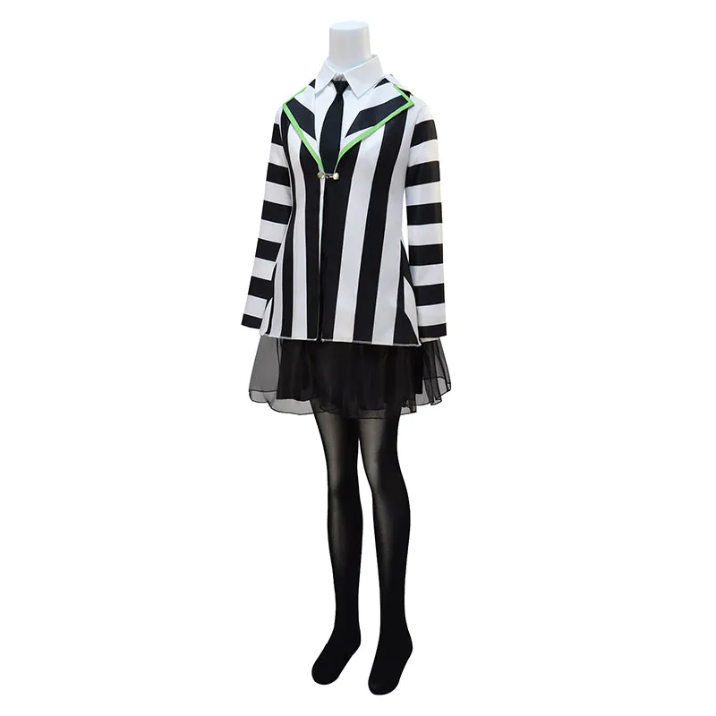 Women BeetleJuice Keaton Cosplay Dress Costume Black White Striped Suite Halloween ACcosplay