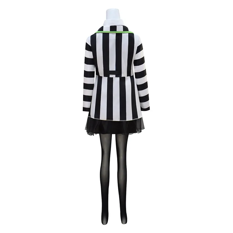 Women BeetleJuice Keaton Cosplay Dress Costume Black White Striped Suite Halloween ACcosplay